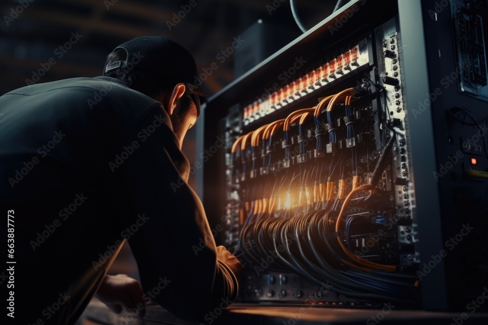 Aufkleber a man is seen working on a computer in a dimly lit room. this image can be used to depict late-night