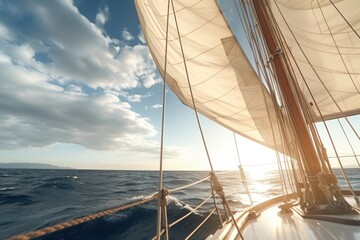 A sail boat gracefully sails through the vast open ocean. Perfect for travel brochures or nautical-themed designs.