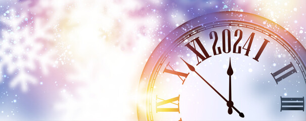 New Year 2024 countdown clock over silver background with lights and defocused snowflakes. - obrazy, fototapety, plakaty