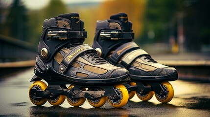 Rollerblades on an asphalt surface with protective gear. - obrazy, fototapety, plakaty