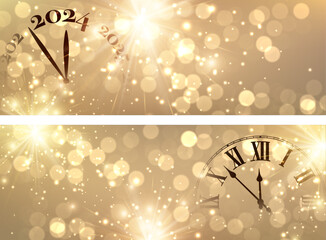New Year 2024 countdown clock over background with glisters and defocused lights. Horizontal golden banners.