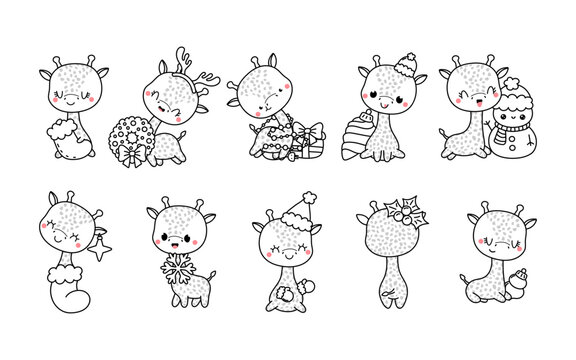 Set of Kawaii Christmas Giraffe Coloring Page. Collection of Cute Vector Christmas Animal Outline