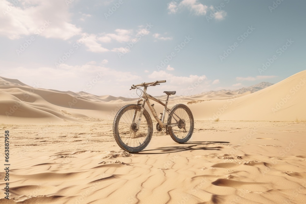 Poster a bicycle parked in the middle of a desert. this image can be used to depict solitude, adventure, or