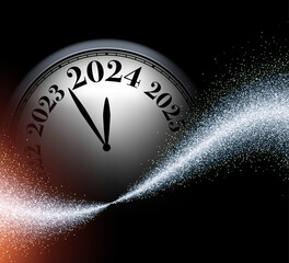 Fototapeta na wymiar New Year 2024 countdown clock over silver and blue sand on black background.