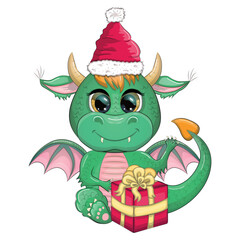 Cute cartoon green dragon in santa hat. 2024 new year, chinese calendar