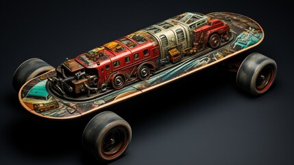 Skateboard deck's undercarriage showcasing the wheels and trucks.