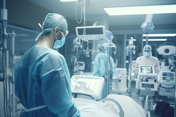 Obraz premium A group of doctors gathered in a hospital room. This image can be used to depict a medical team discussing patient cases or collaborating on treatment plans.