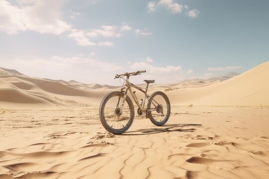 A bicycle parked in the middle of a desert. This image can be used to depict solitude, adventure, or the concept of exploring new horizons.