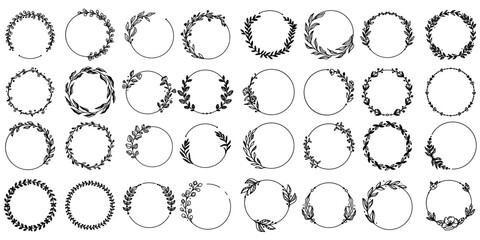 Hand drawn floral frames with flowers, branch and leaves. Botanical wreath. Laurel plant leaf, floral frame, round olive leaves, branch for greek wedding, crest logo.