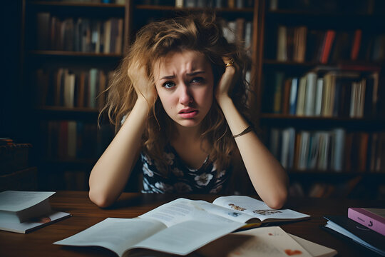 Woman in a bad mood sitting sad on table full of  paper in office