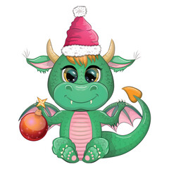 Fototapeta premium Cute cartoon green dragon in santa hat. 2024 new year, chinese calendar