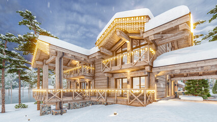 Fototapeta na wymiar 3d rendering of modern cozy chalet with pool and parking for sale or rent. Beautiful forest mountains on background. Massive timber beams columns. Christmas garlands in New Year holidays