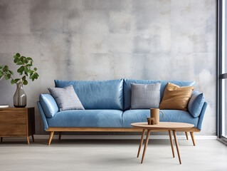 Scandinavian loft with a blue sofa against a concrete wall in a minimalist studio apartment