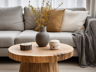 Modern Scandinavian living room: Rustic round wood table by sofa with grey pillows