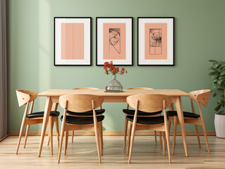 Scandinavian mid-century dining room: Wooden table, chairs, green wall with frames