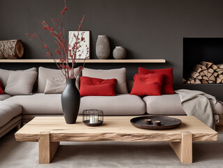 Japandi living room: Log coffee table, rustic sofa, red cushion, grey and beige pillows, black stucco wall, and a fireplace