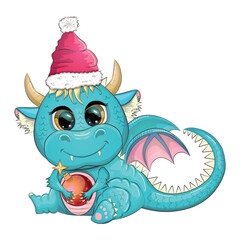Cute cartoon green dragon in santa hat. 2024 new year, chinese calendar