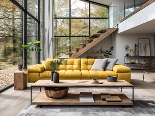 Scandinavian two-story living room with a yellow tufted sofa and rustic coffee table