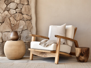 Modern minimalist living room: Beige fabric armchair, stucco wall, rustic wooden slab decor.