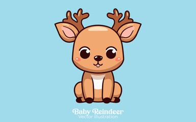 Christmas cartoon character: Cute baby reindeer sitting vector, Happy winter holiday