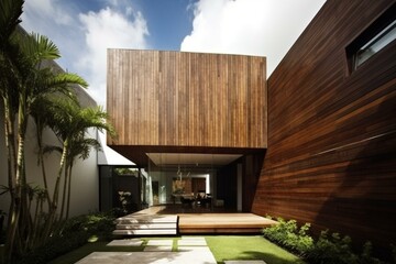 Contemporary residence featuring wooden panels. Generative AI