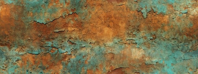 Seamless oxidized copper patina sheet metal wall panel grunge background texture. Vintage antique weathered and worn rusted bronze or brass abstract pattern - obrazy, fototapety, plakaty