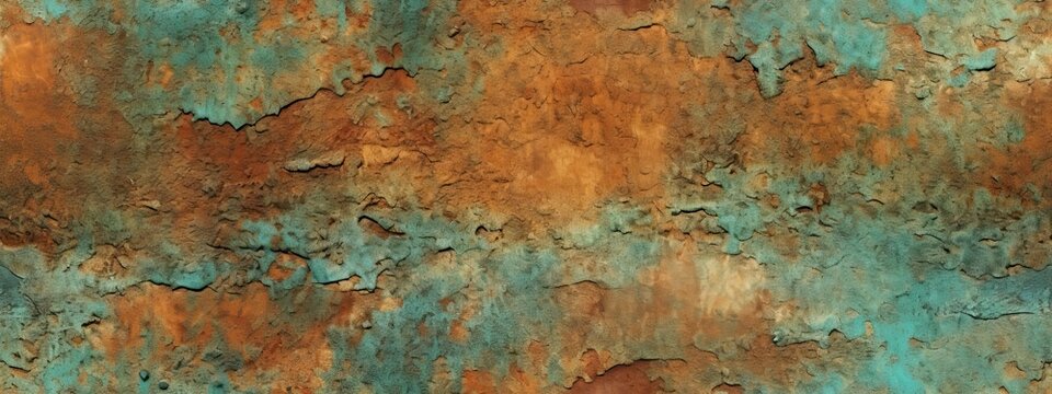 Seamless oxidized copper patina sheet metal wall panel grunge background texture. Vintage antique weathered and worn rusted bronze or brass abstract pattern