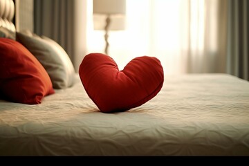 Red heart pillow on bed. Generative AI