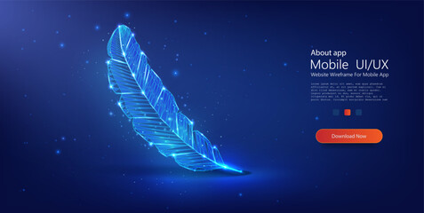 Fototapeta na wymiar Ethereal Digital Representation of a Feather Floating in a Starry Night Sky with Luminous Blue Patterns. Writing Quill Signature icon form lines in low poly style. Isolated vector illustration