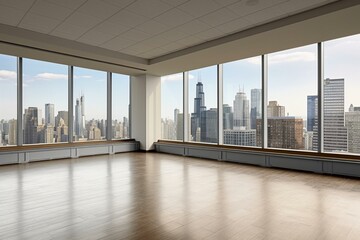 Empty room view of downtown Chicago city skyline with buildings. Generative AI