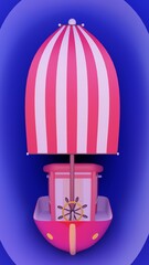 Cute 3d illustration of colorful cartoon boat with pink mast against gradient blue background. Summer design. Traveling mock up. Summer ship. boat, sailing. Copy space.