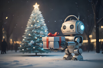 cute humanoid robot holding chrismat gift