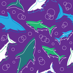 Shark silhouette and bubbles seamless pattern. Colorful vector illustration