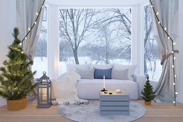 Stylish interior of living room with decorated Christmas tree and sofa near window, 3d render