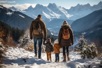 Rear view of a family with two small children on a walk overlooking the snowy mountains - Powered by Adobe