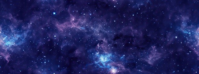Seamless space texture background. Stars in the night sky with purple pink and blue nebula. A high resolution astrology or astronomy backdrop pattern - obrazy, fototapety, plakaty