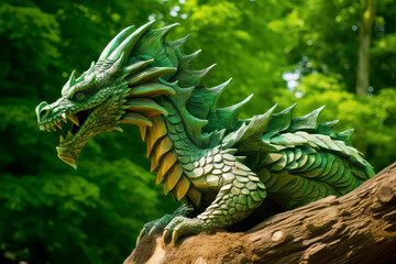 Green dragon statue. Symbol of 2024 on blurred background. Green Chinese dragon wooden sculpture. Mythological creature. Green fantasy dragon. - obrazy, fototapety, plakaty