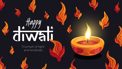 Indian holiday Happy Diwali banner. Deepavali India festival of lights horizontal greeting card with diya oil lamp and fire flames. Hindu traditional celebration print. Creative art modern eps design