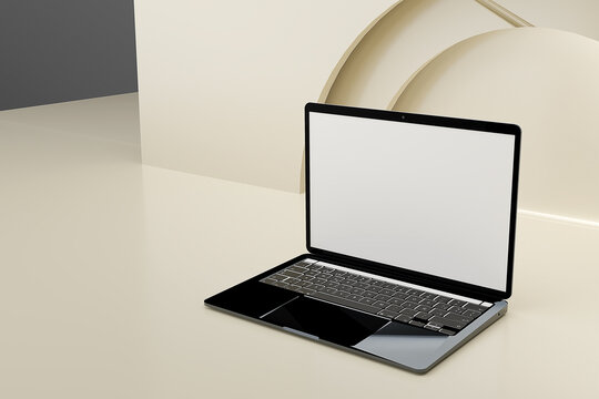 Laptop screen mockup on beige background. 3D Rendered Illustration.
