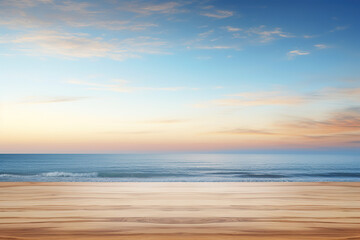 Obraz premium Empty plank white wood table top with blur blue sky and sea boekh background,summer holiday