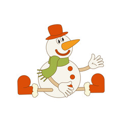 One sitting snowman on a white background. Christmas illustration in retro groovy style. Vector.