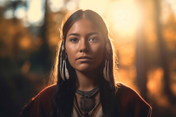 Native American woman starring. Tribal lady with hairdo feathers. Generate ai