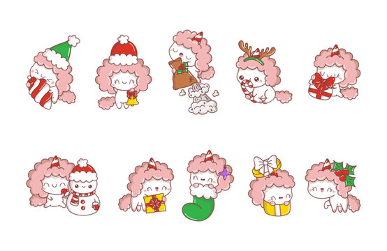 Set of Vector Christmas Unicorn. Collection of Kawaii Isolated Christmas Animal for Stickers.