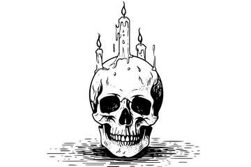Scull with candle hand drawn ink sketch. Engraved style vector illustration