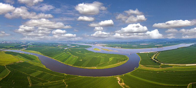 Aerial songhua river downstream summer scenery east Shang Wang estuary