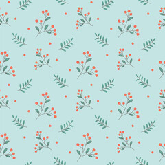 Seamless pattern berries and twigs and leaves. green background, plants