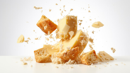 Chunks of hard cheese fall against a light-colored background - obrazy, fototapety, plakaty