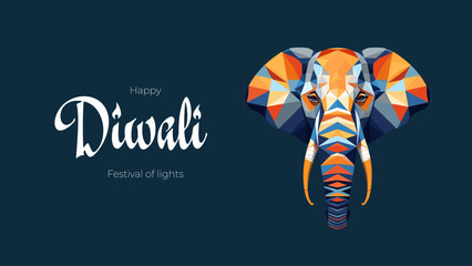 Indian holiday Happy Diwali banner. Deepavali India festival of lights horizontal cover. Deity elephant Ganesha. Hindu traditional celebration print. Creative art modern minimal graphic vector design - obrazy, fototapety, plakaty
