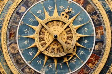 Fototapeta na wymiar Medieval astrology wheel isolated on white with ancient clock detail from Torre dell'orologio in Venice, Italy. Symbols of astrology on star circle. Concept of horoscope and time. Generative AI