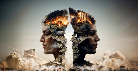 War in the Middle East, symbolic image of the Israel Palestine conflict, anti-war image showing the split of human nations driven by hatred towards each other, collapse of civilization caused by rage